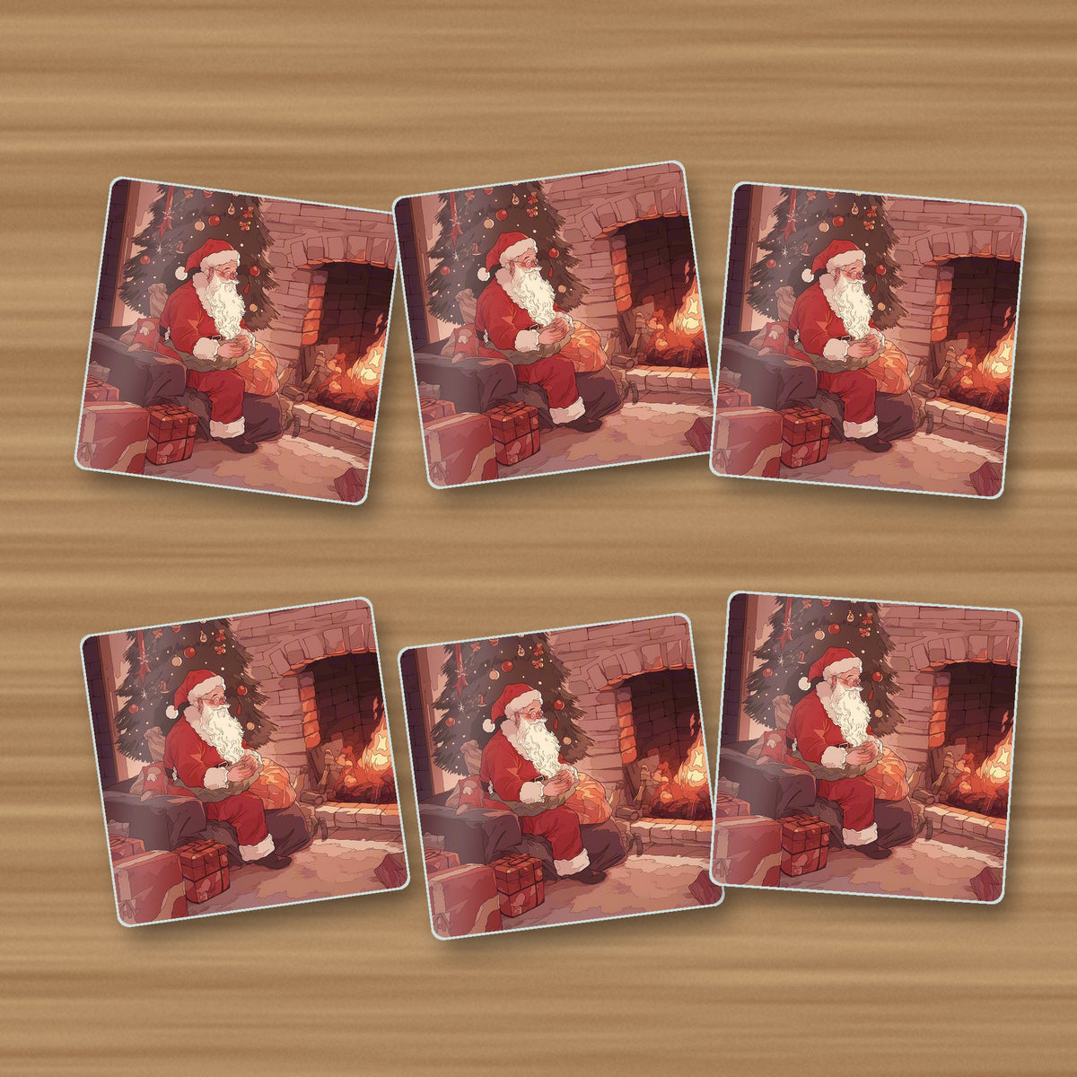 Father Christmas at the Hearth square glass coasters, set of 6, on an oak coffee table