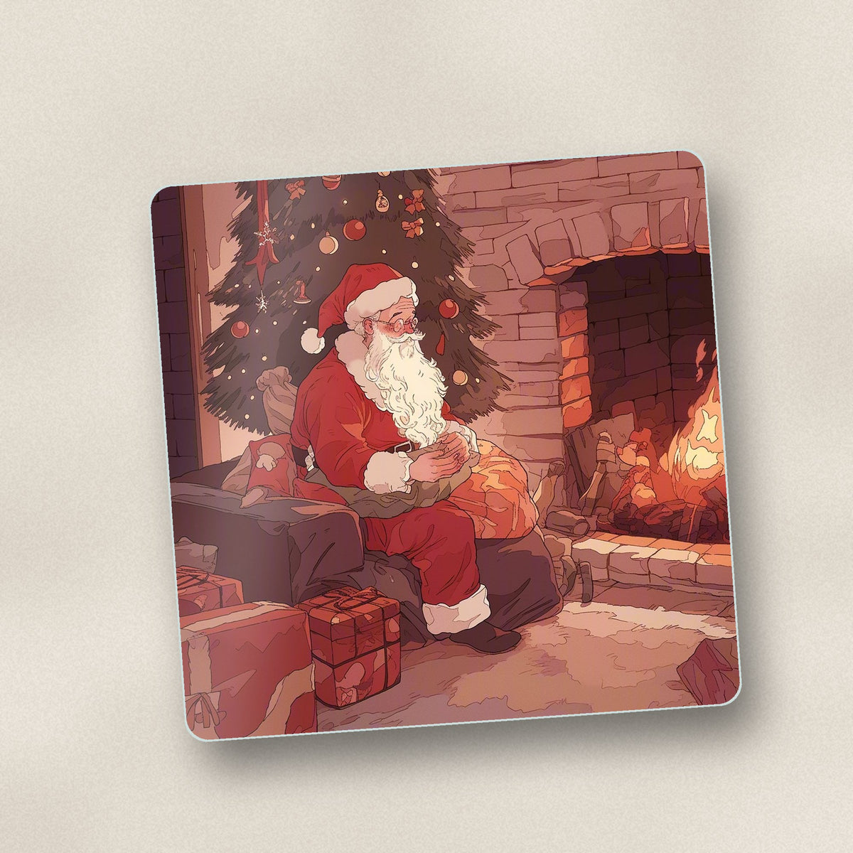 Close-up of one father christmas at the hearth square glass coaster, flat UV print