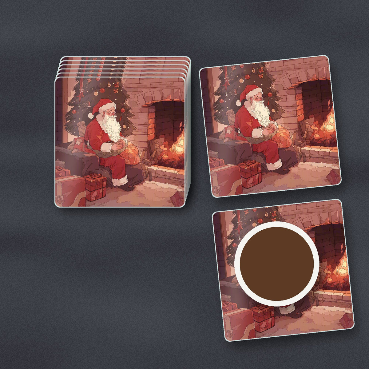 Father Christmas at the Hearth square glass coasters stacked on a slate kitchen worktop