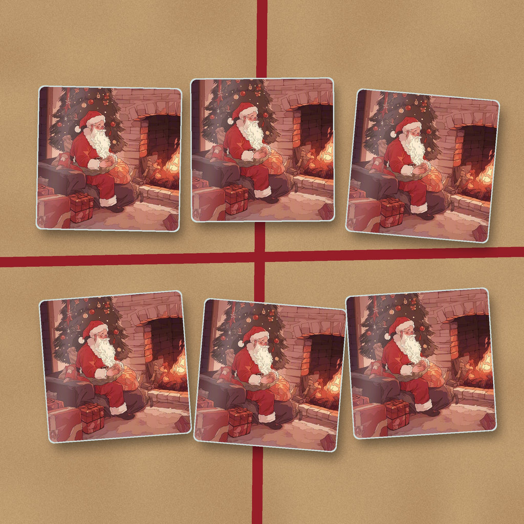 Father Christmas at the Hearth square glass coasters on kraft gift wrap