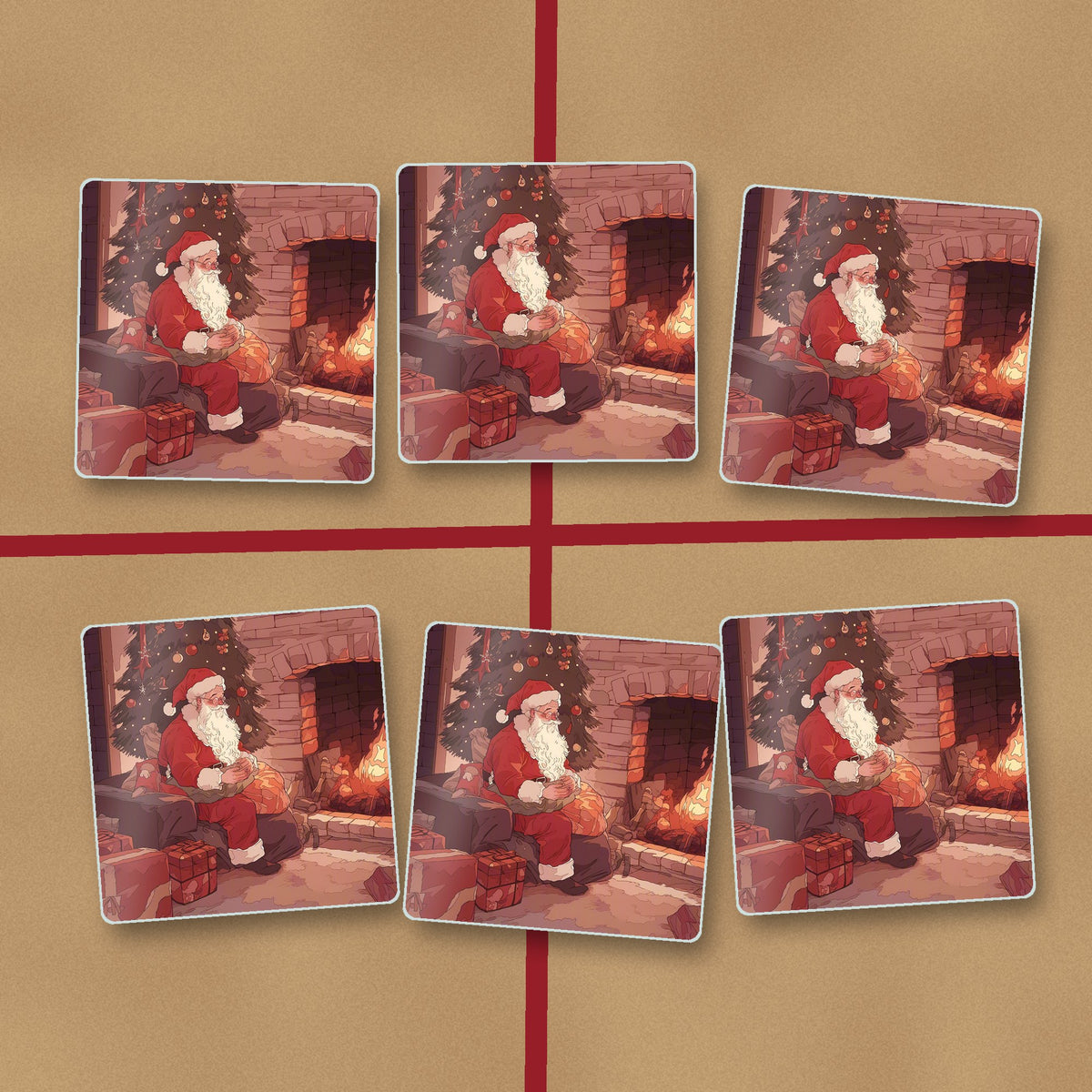 Father Christmas at the Hearth square glass coasters on kraft gift wrap