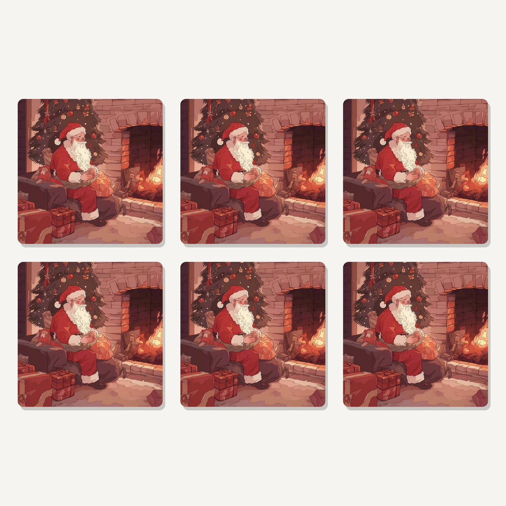 Flat lay of the father christmas at the hearth artwork on six square coasters