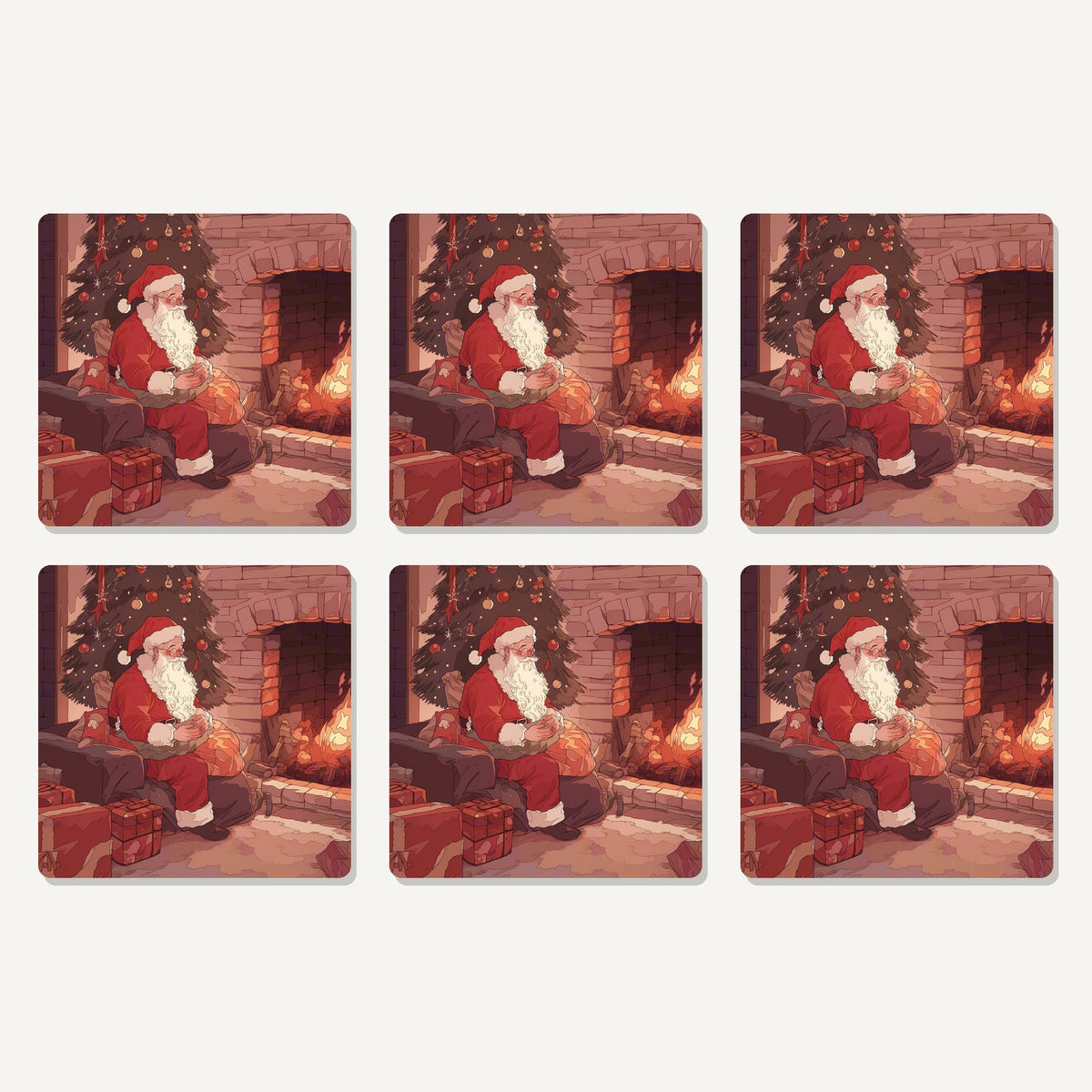 Flat lay of the father christmas at the hearth artwork on six square coasters
