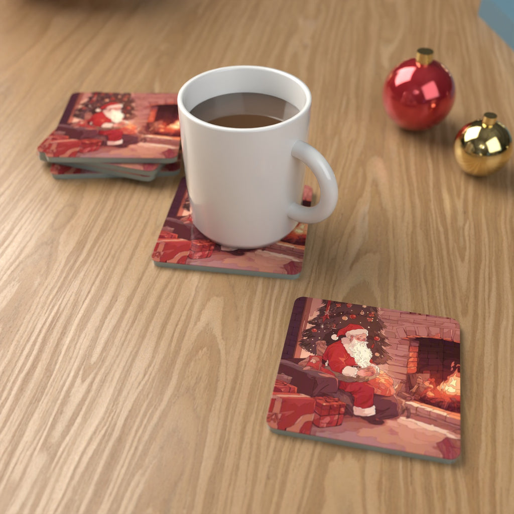Father Christmas at the Hearth Square Glass Coasters – Set of 6 – lifestyle mockup with a mug of coffee