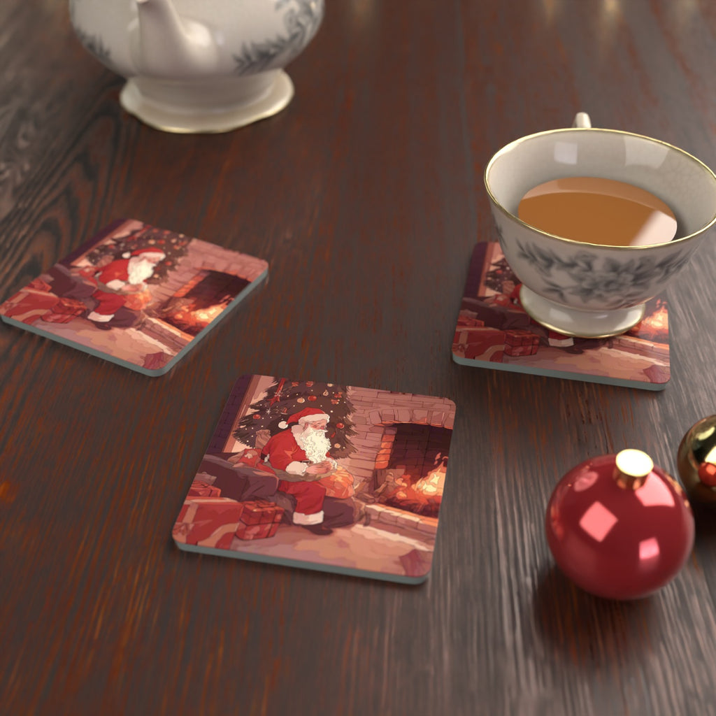 Father Christmas at the Hearth Square Glass Coasters – Set of 6 – lifestyle mockup with a teacup