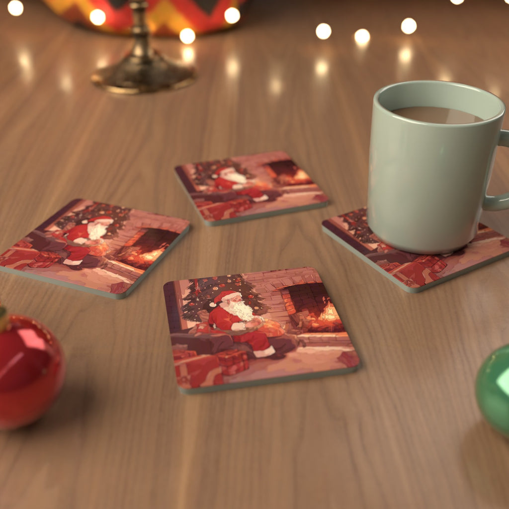 Father Christmas at the Hearth Square Glass Coasters – Set of 6 – cosy lifestyle mockup