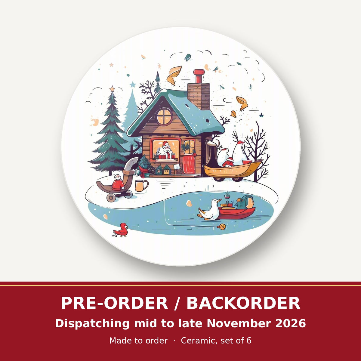 Christmas Cottage & Frozen Pond round ceramic coaster set of 6 – pre-order / backorder, dispatching mid to late November 2026