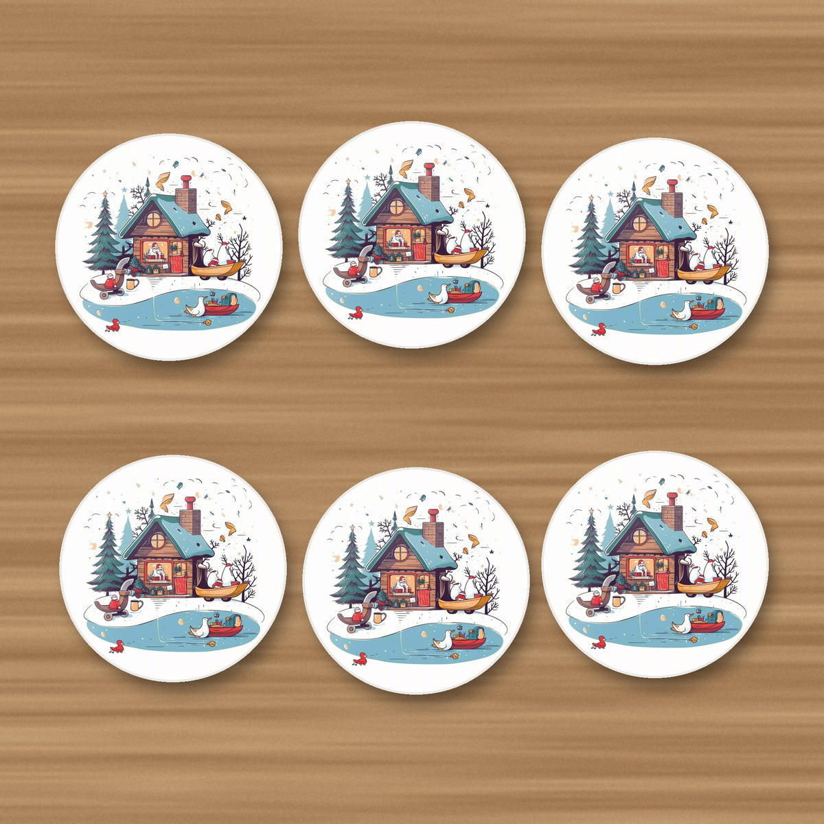 Christmas Cottage & Frozen Pond round ceramic coasters, set of 6, on an oak coffee table