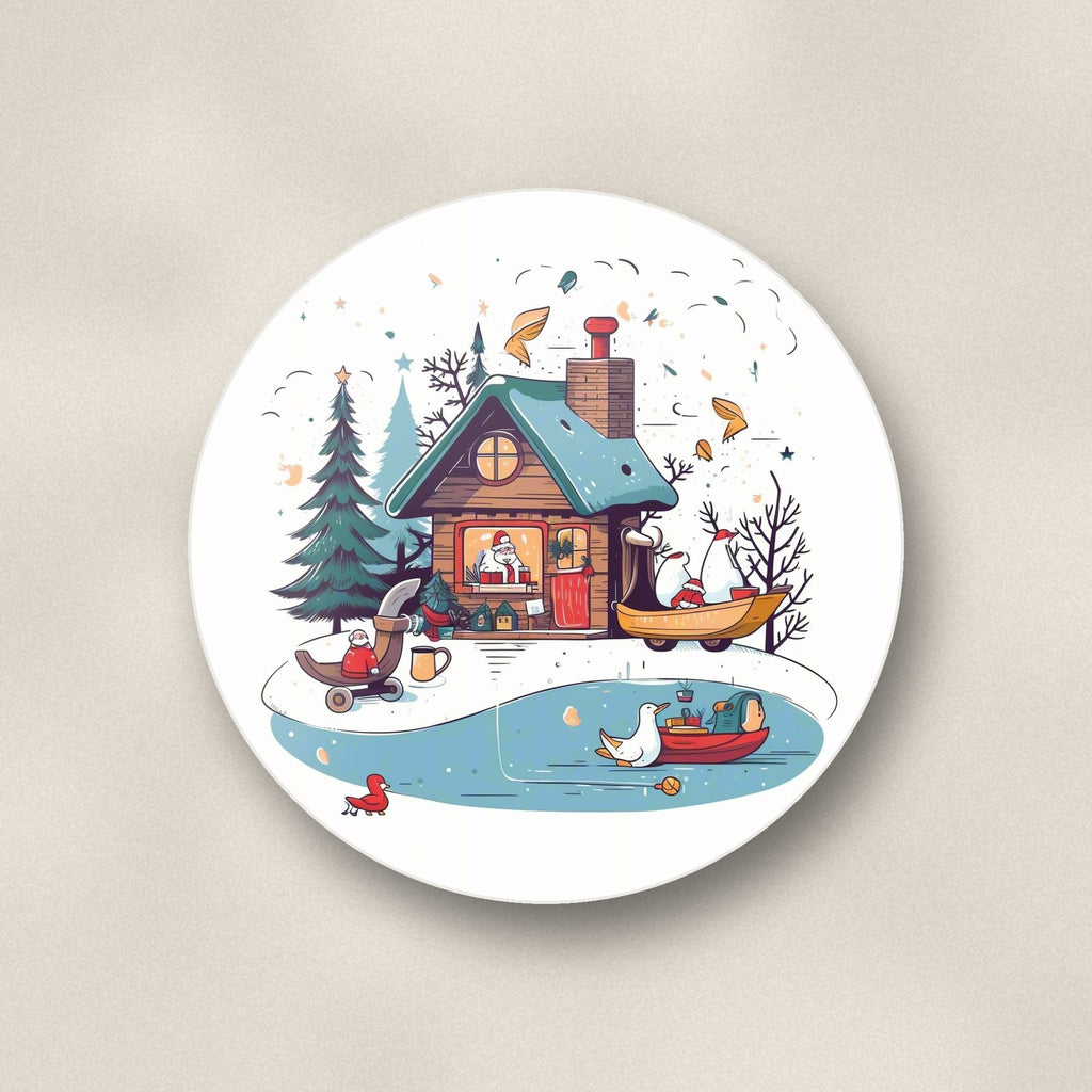 Close-up of one christmas cottage & frozen pond round ceramic coaster, flat UV print