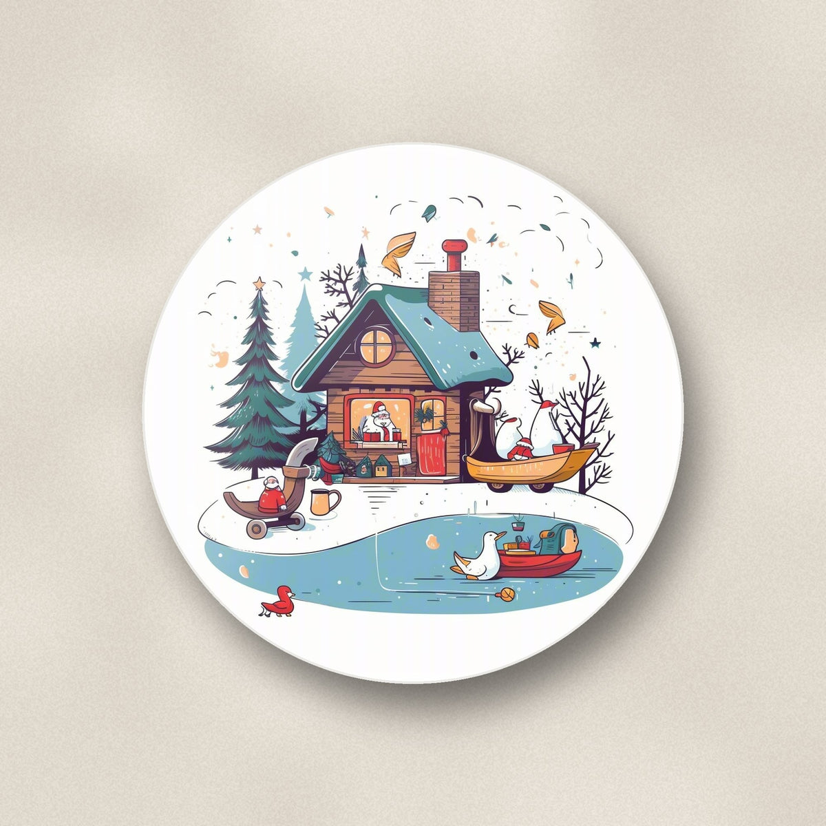Close-up of one christmas cottage & frozen pond round ceramic coaster, flat UV print