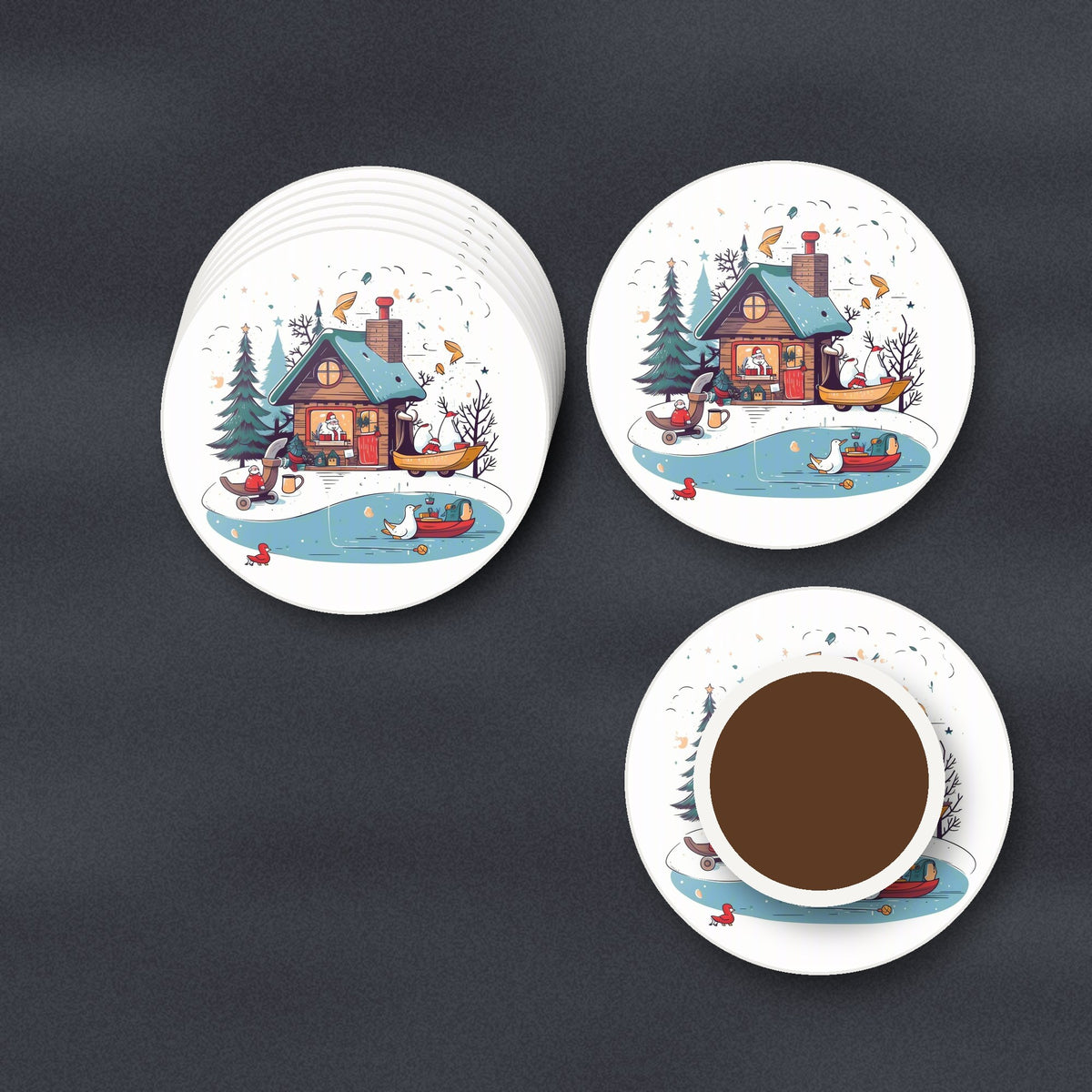 Christmas Cottage & Frozen Pond round ceramic coasters stacked on a slate kitchen worktop