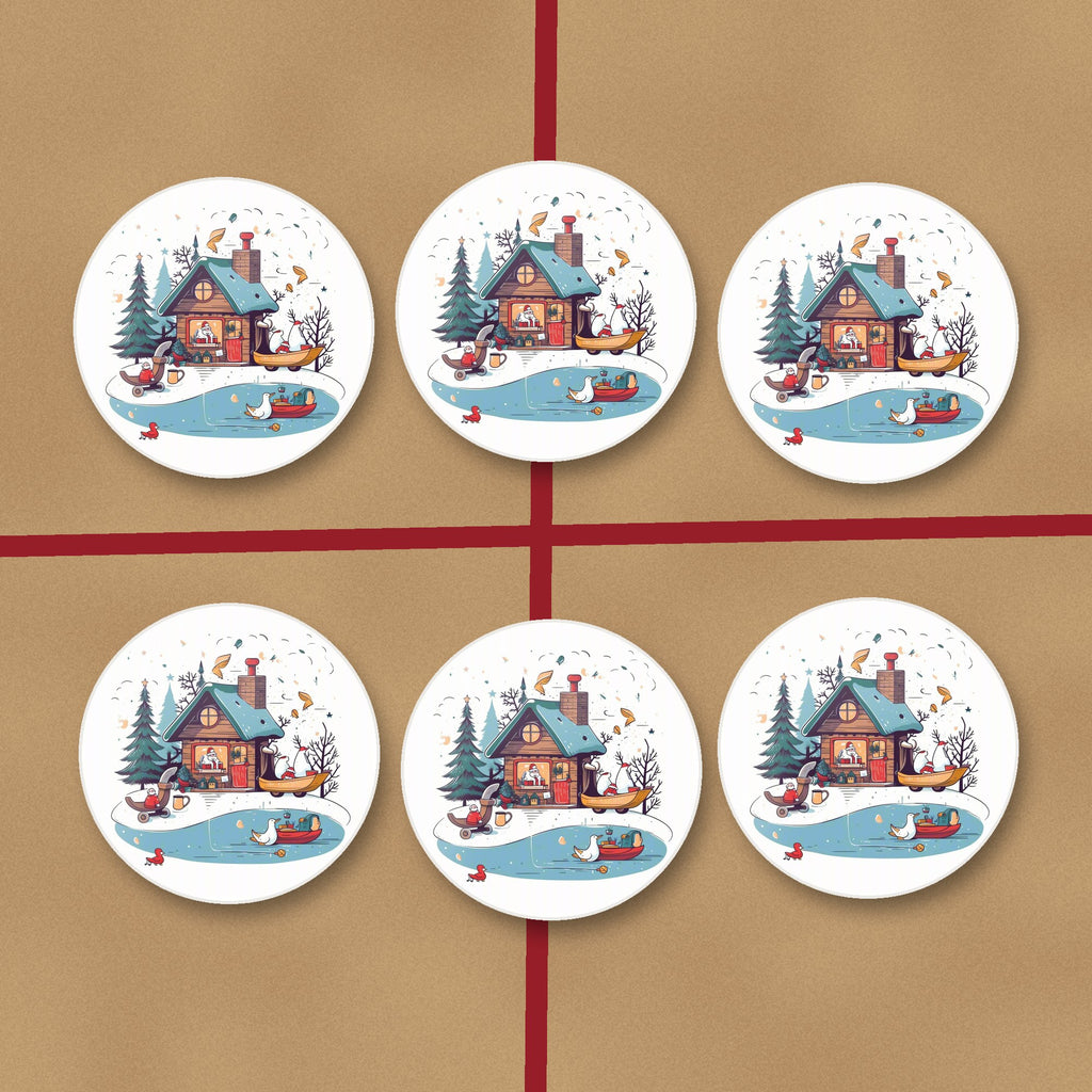 Christmas Cottage & Frozen Pond round ceramic coasters on kraft gift wrap