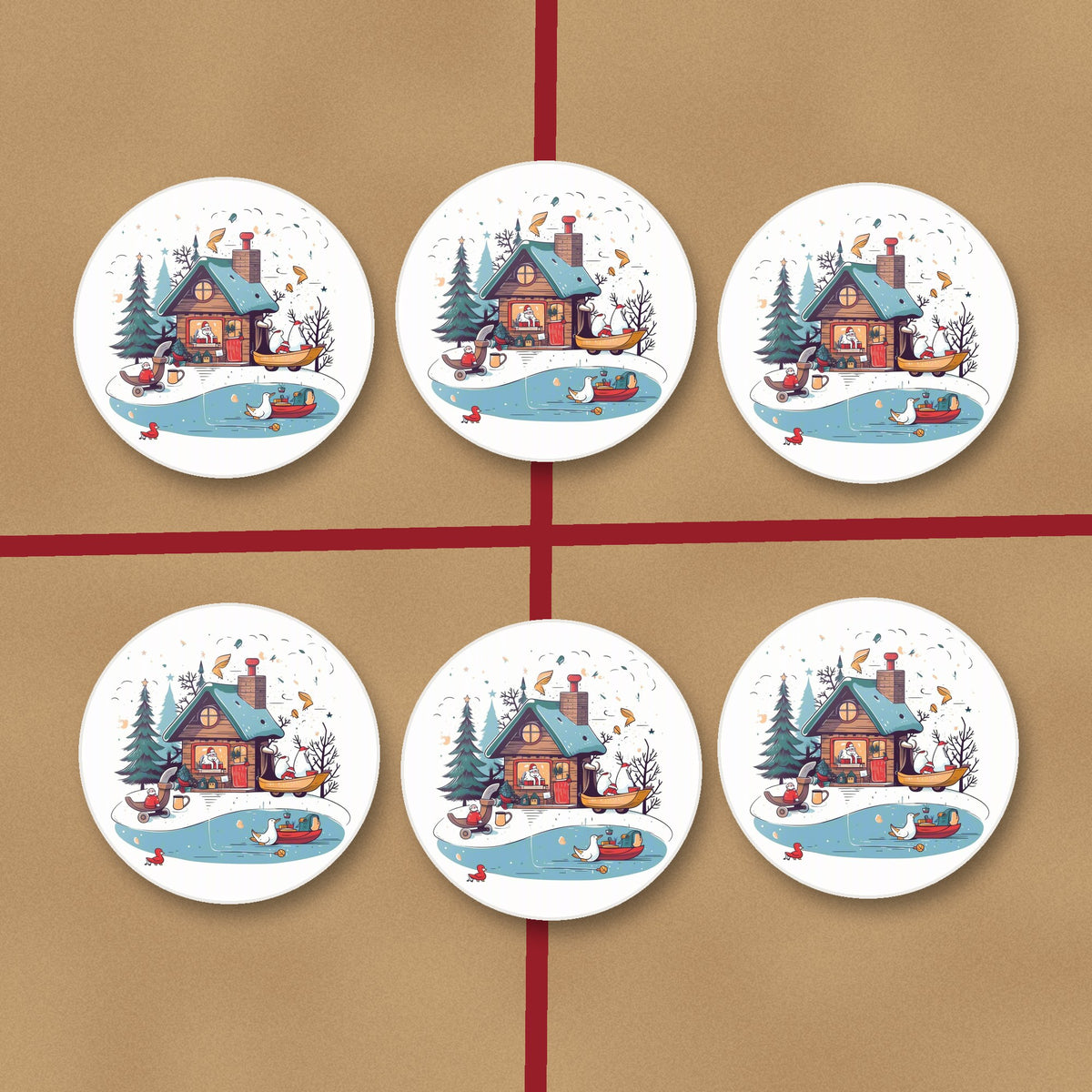 Christmas Cottage & Frozen Pond round ceramic coasters on kraft gift wrap