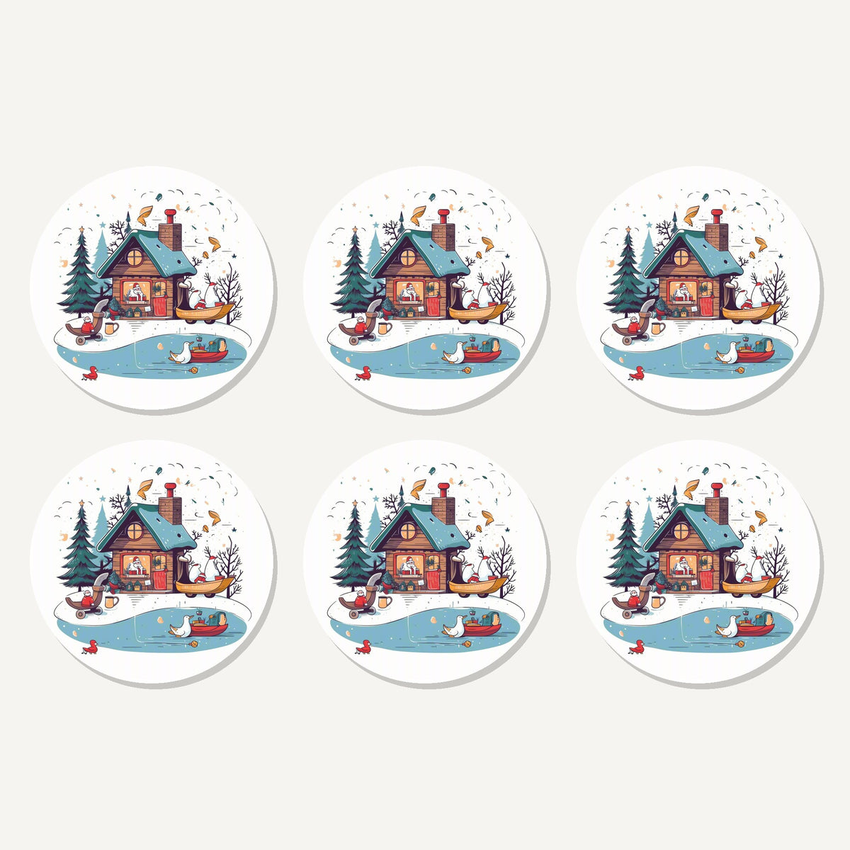 Flat lay of the christmas cottage & frozen pond artwork on six round coasters