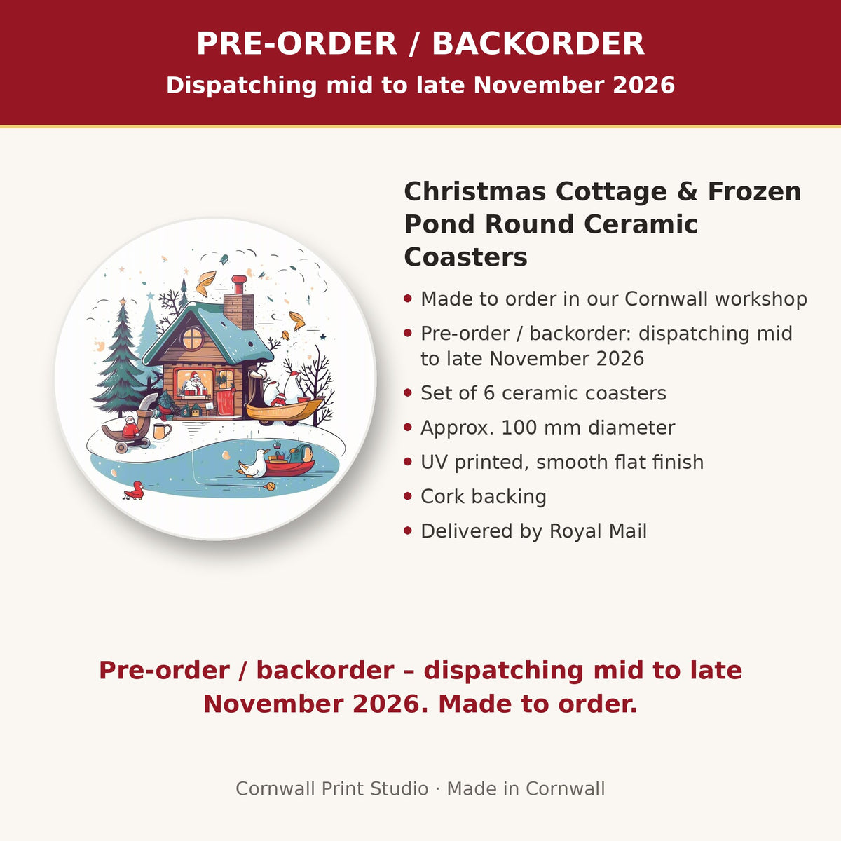 Info card: Christmas Cottage & Frozen Pond Round Ceramic Coasters – Set of 6, made to order, dispatching mid to late November 2026, delivered by Royal Mail