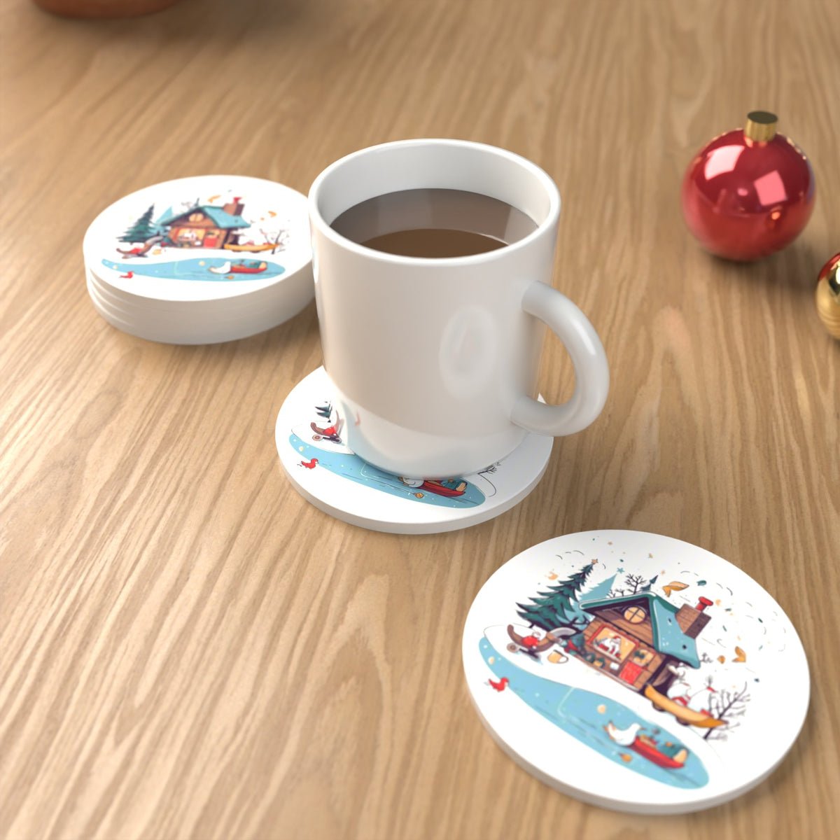 Christmas Cottage & Frozen Pond Round Ceramic Coasters – Set of 6 – lifestyle mockup with a mug of coffee
