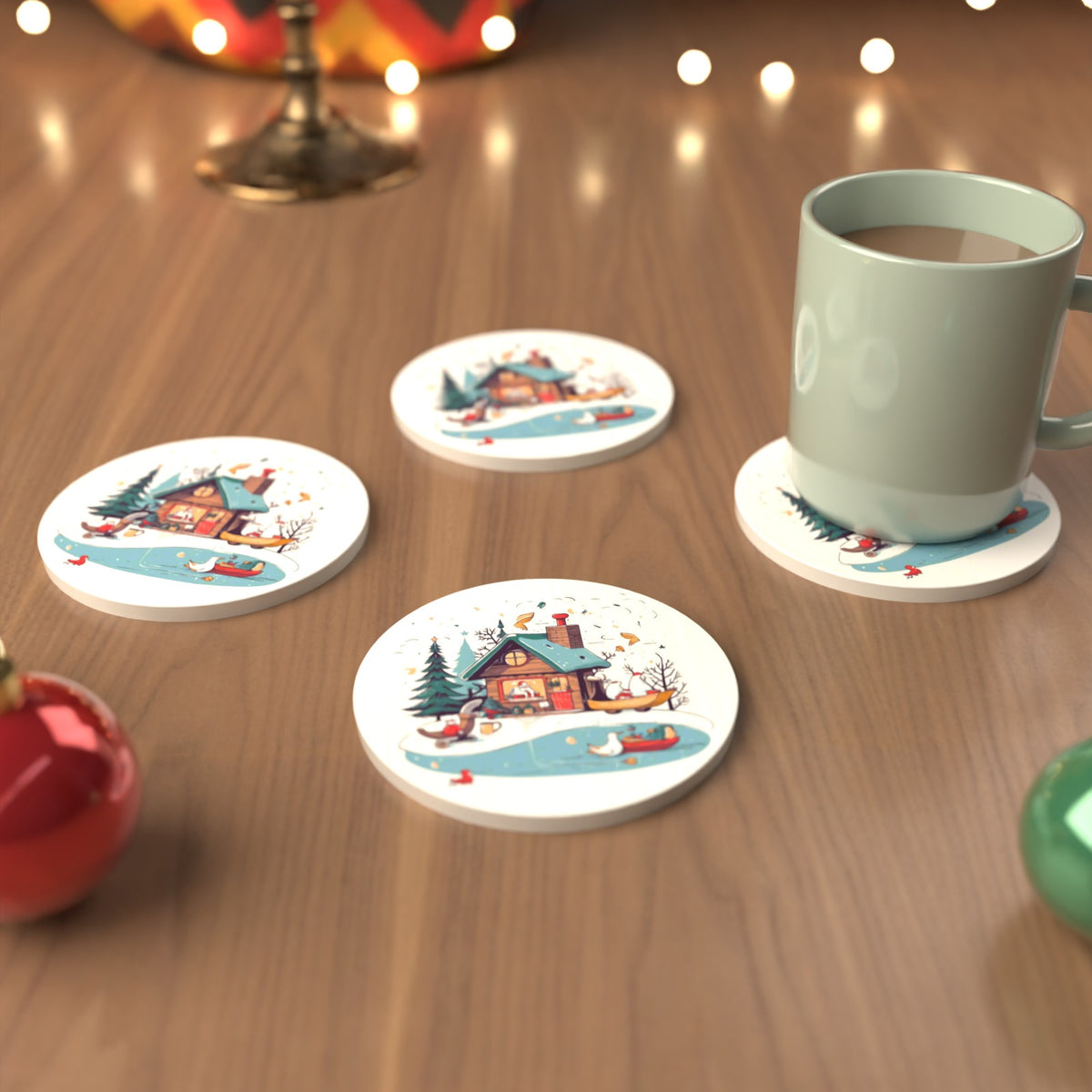 Christmas Cottage & Frozen Pond Round Ceramic Coasters – Set of 6 – cosy lifestyle mockup