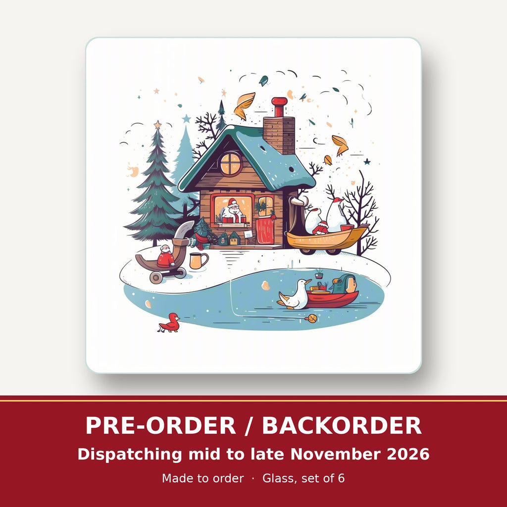 Christmas Cottage & Frozen Pond square glass coaster set of 6 – pre-order / backorder, dispatching mid to late November 2026