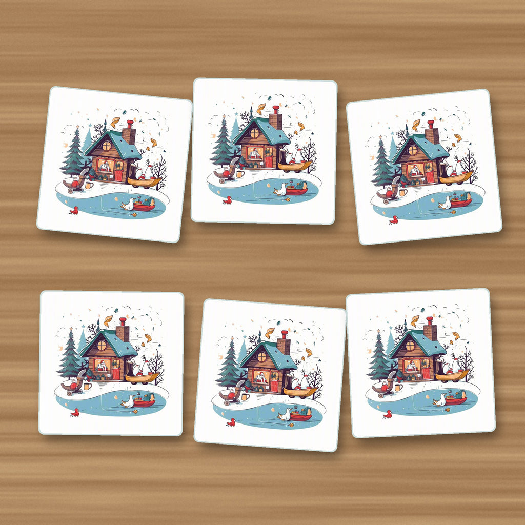 Christmas Cottage & Frozen Pond square glass coasters, set of 6, on an oak coffee table