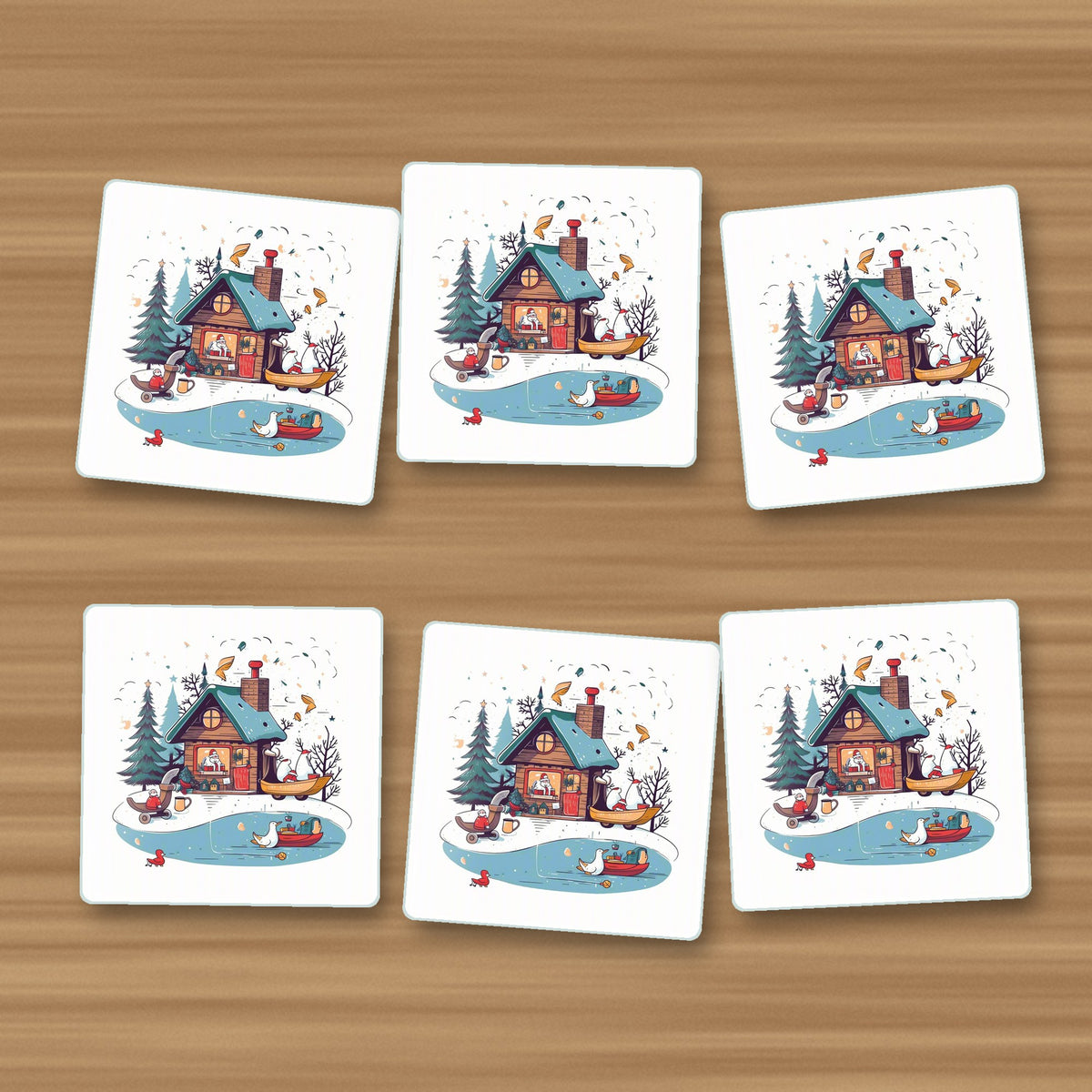 Christmas Cottage & Frozen Pond square glass coasters, set of 6, on an oak coffee table