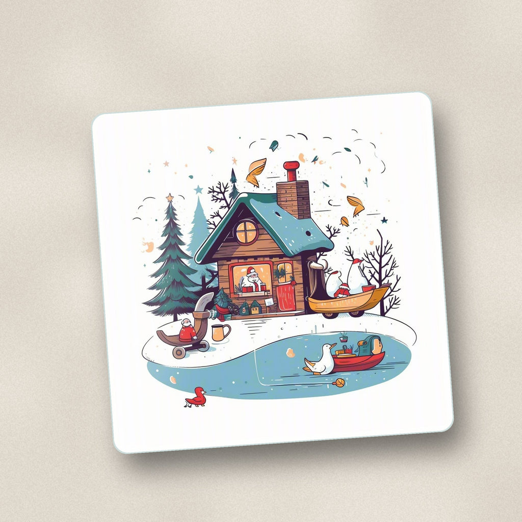 Close-up of one christmas cottage & frozen pond square glass coaster, flat UV print