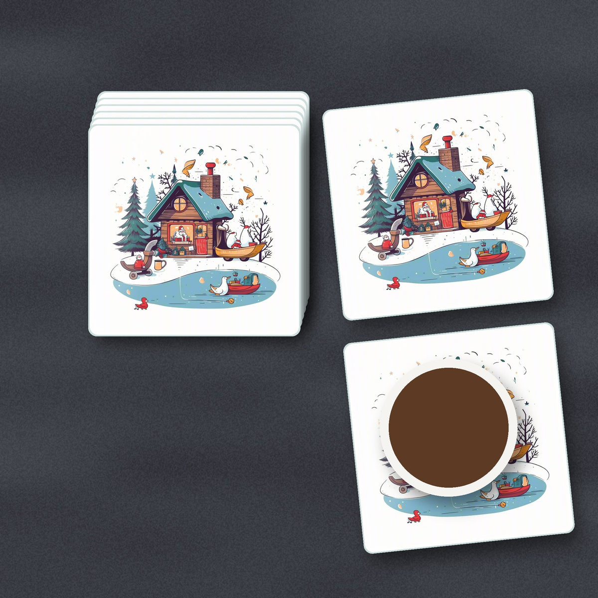 Christmas Cottage & Frozen Pond square glass coasters stacked on a slate kitchen worktop
