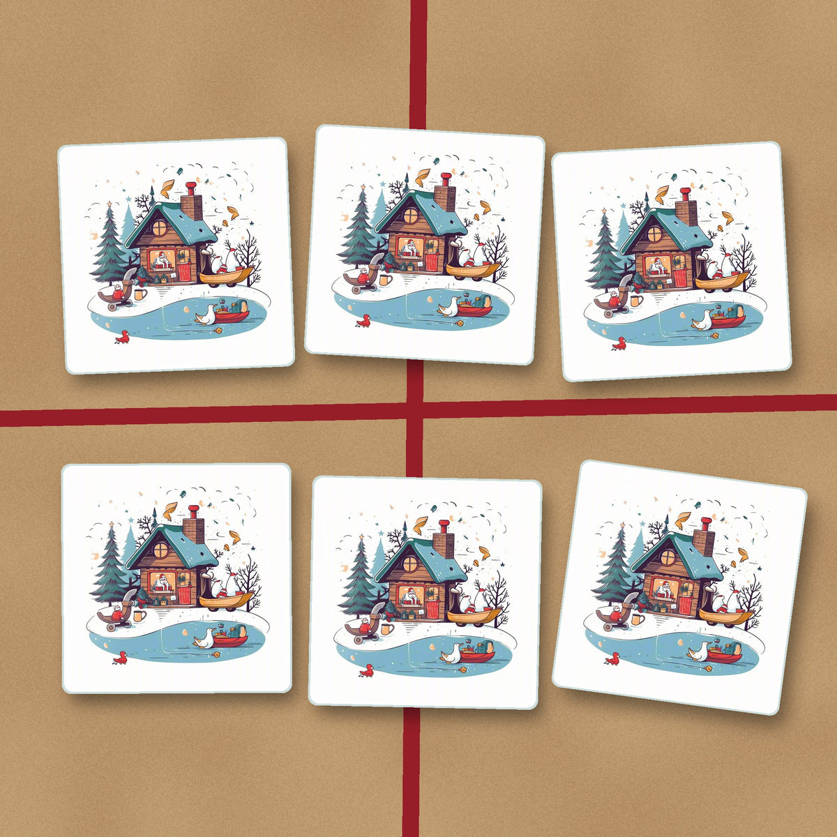 Christmas Cottage & Frozen Pond square glass coasters on kraft gift wrap