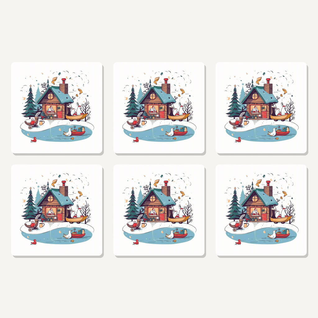 Flat lay of the christmas cottage & frozen pond artwork on six square coasters