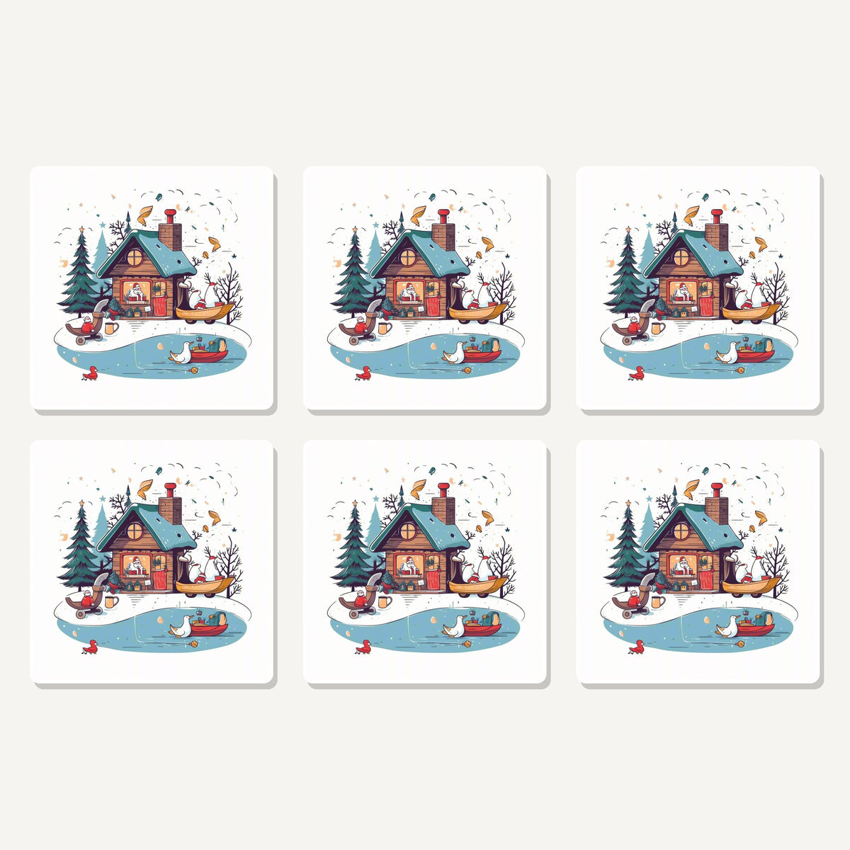 Flat lay of the christmas cottage & frozen pond artwork on six square coasters