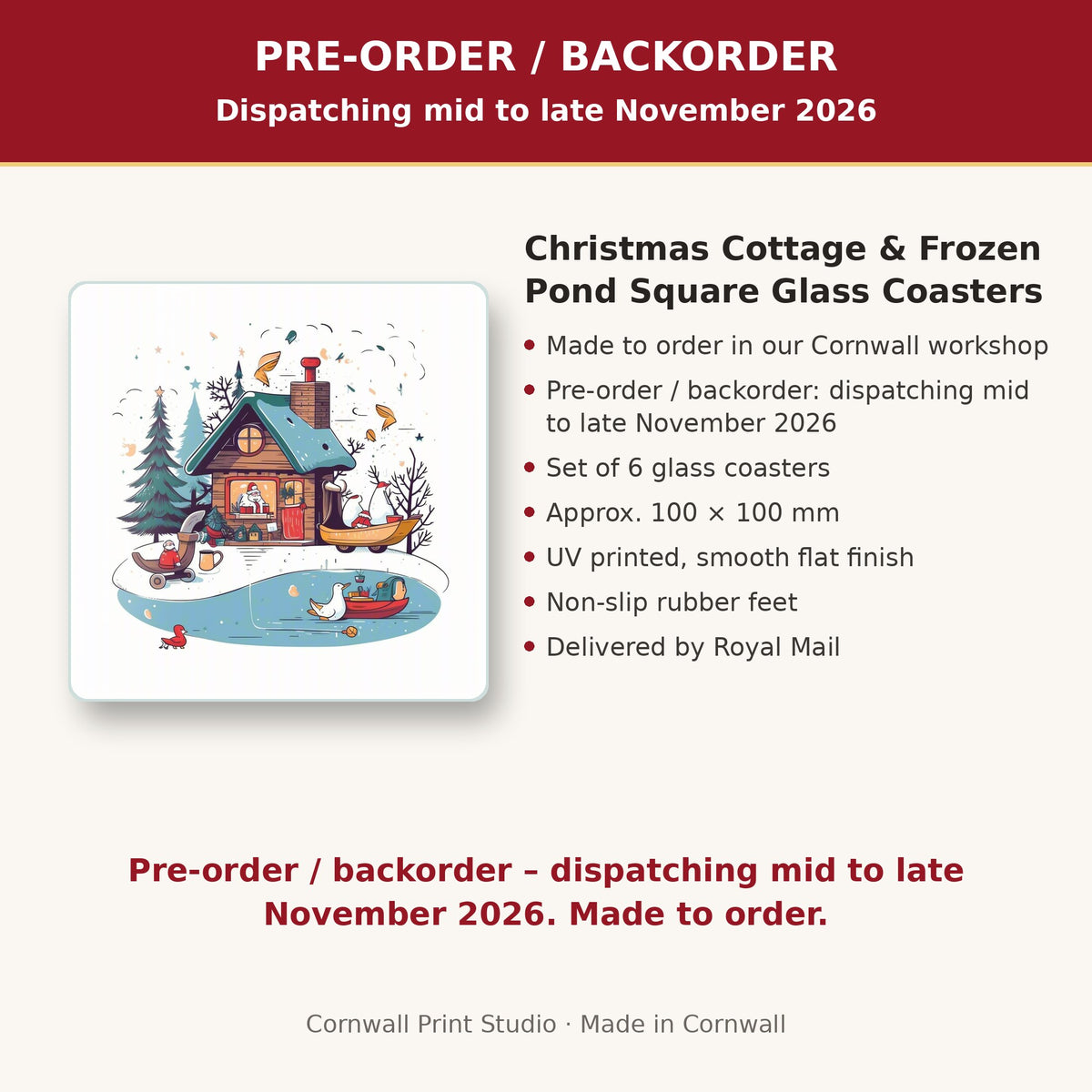 Info card: Christmas Cottage & Frozen Pond Square Glass Coasters – Set of 6, made to order, dispatching mid to late November 2026, delivered by Royal Mail