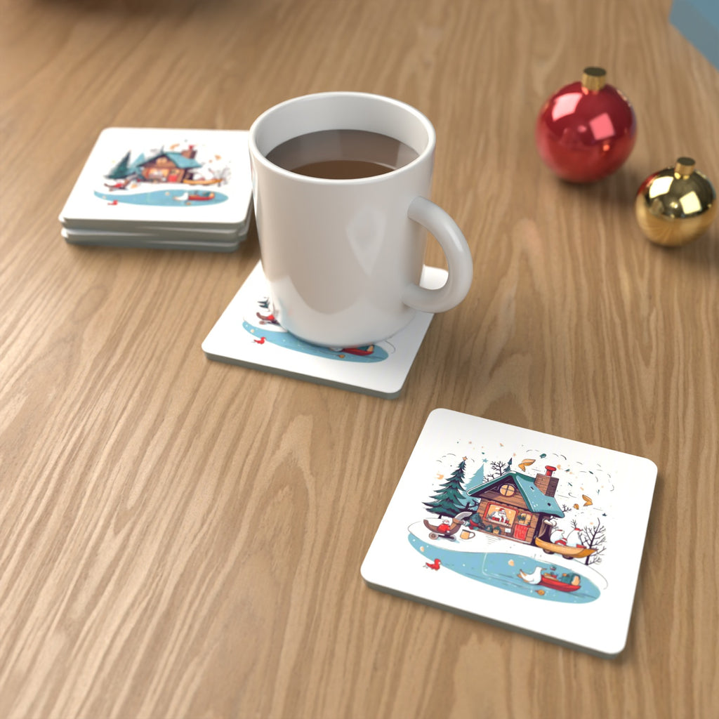 Christmas Cottage & Frozen Pond Square Glass Coasters – Set of 6 – lifestyle mockup with a mug of coffee