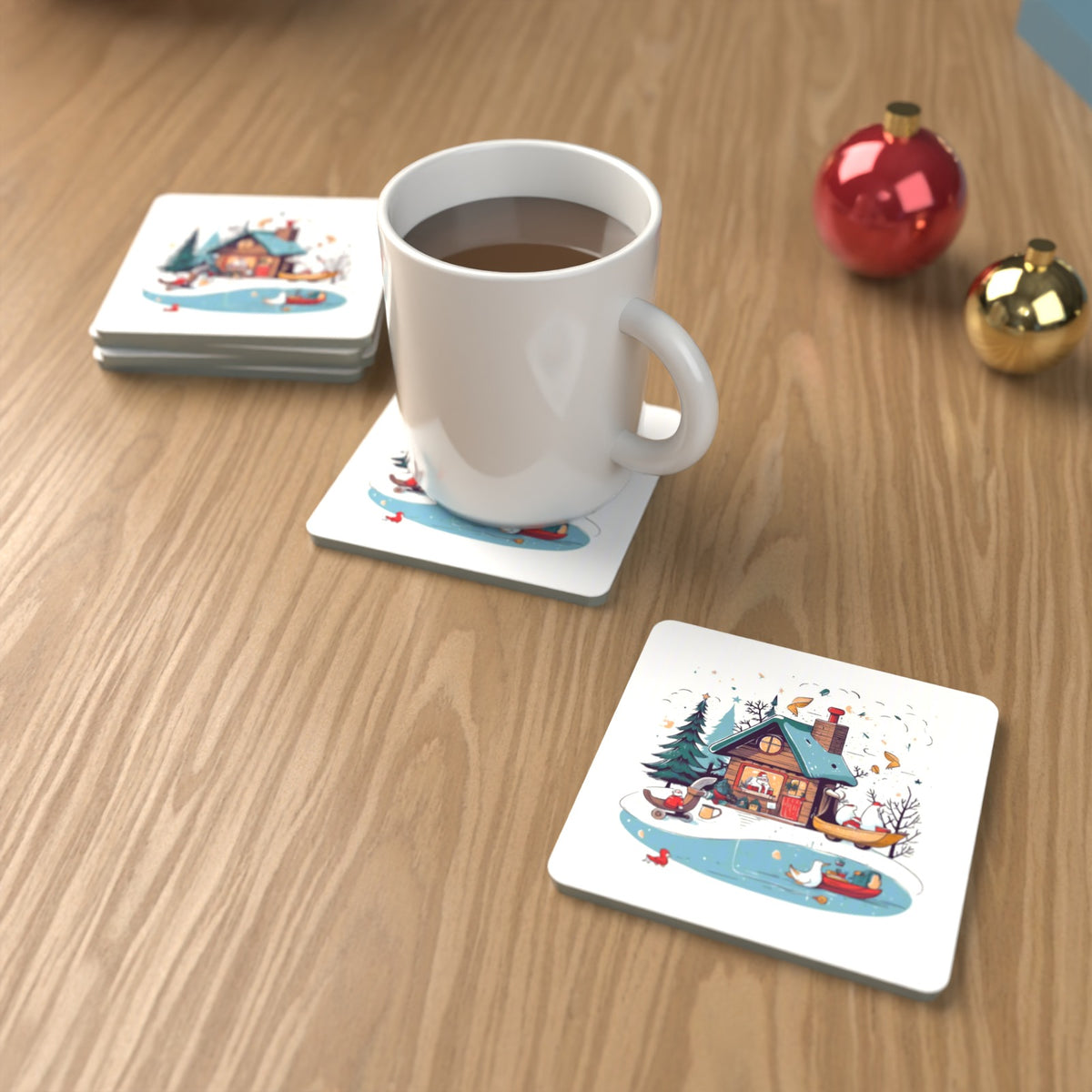 Christmas Cottage & Frozen Pond Square Glass Coasters – Set of 6 – lifestyle mockup with a mug of coffee