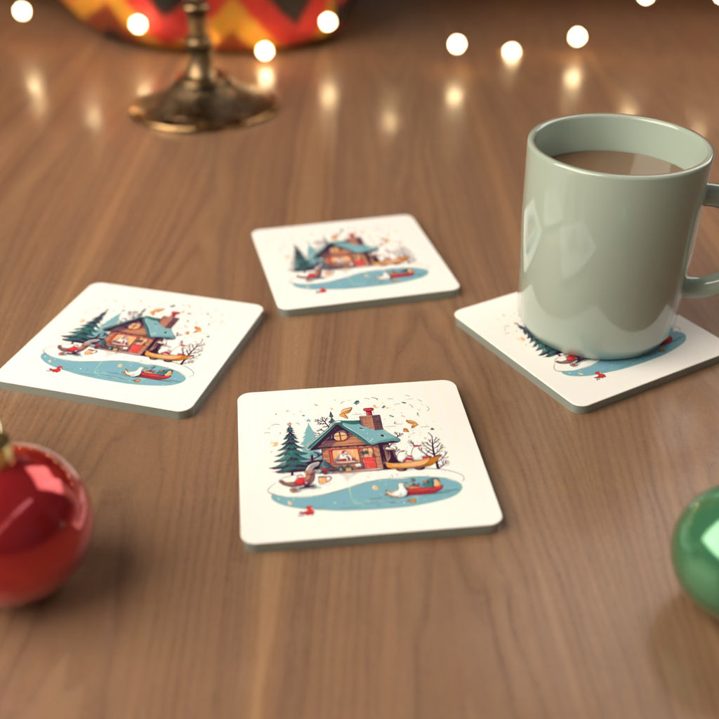 Christmas Cottage & Frozen Pond Square Glass Coasters – Set of 6 – cosy lifestyle mockup