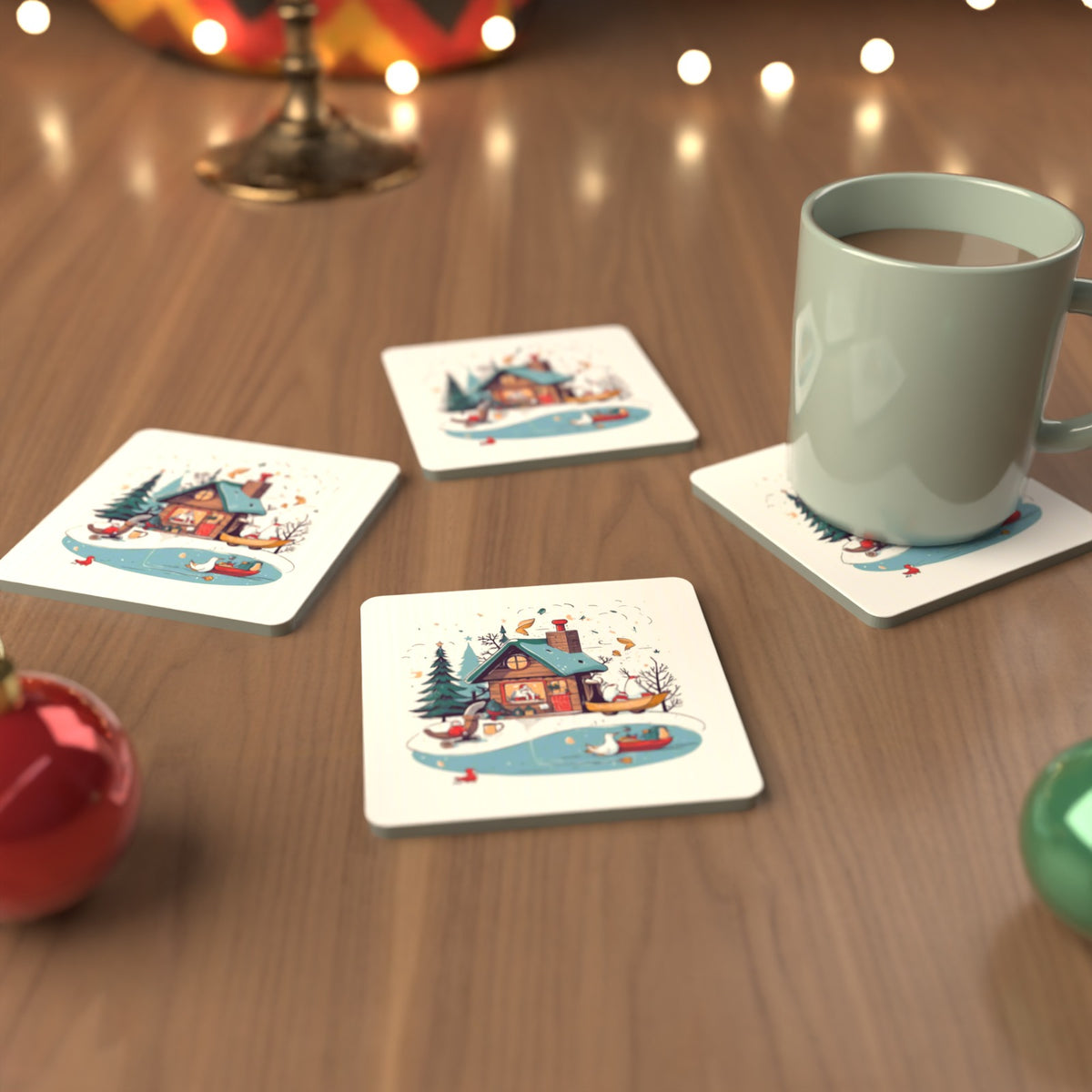 Christmas Cottage & Frozen Pond Square Glass Coasters – Set of 6 – cosy lifestyle mockup