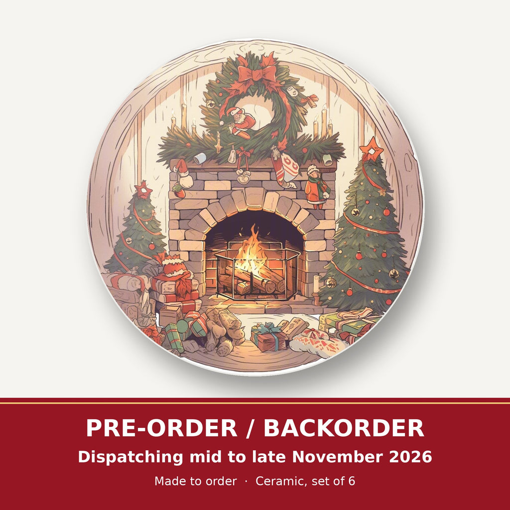 Christmas Fireplace with Wreath & Trees round ceramic coaster set of 6 – pre-order / backorder, dispatching mid to late November 2026
