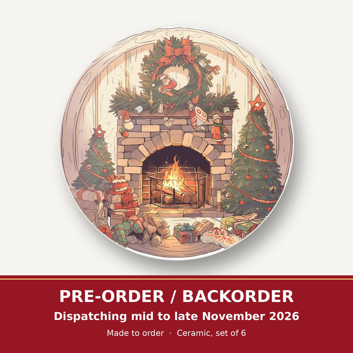 Christmas Fireplace with Wreath & Trees round ceramic coaster set of 6 – pre-order / backorder, dispatching mid to late November 2026