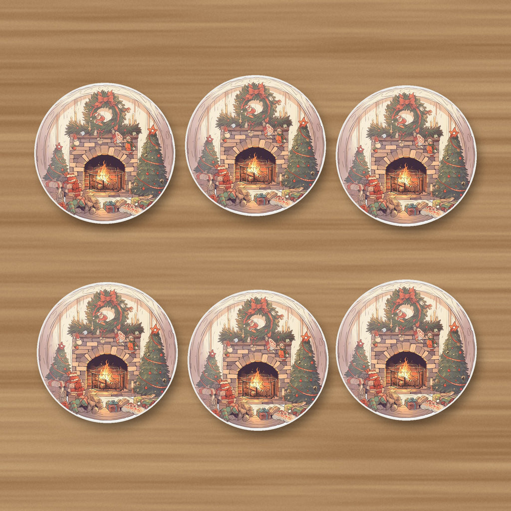 Christmas Fireplace with Wreath & Trees round ceramic coasters, set of 6, on an oak coffee table