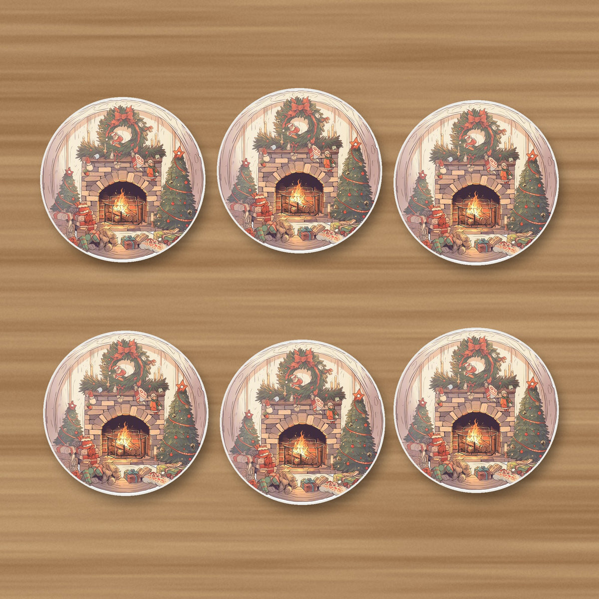 Christmas Fireplace with Wreath & Trees round ceramic coasters, set of 6, on an oak coffee table