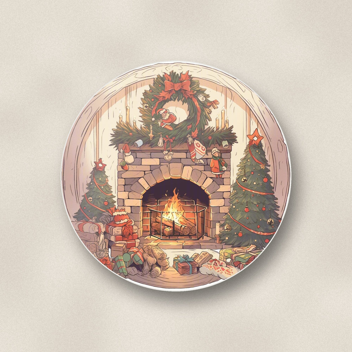 Close-up of one christmas fireplace with wreath & trees round ceramic coaster, flat UV print