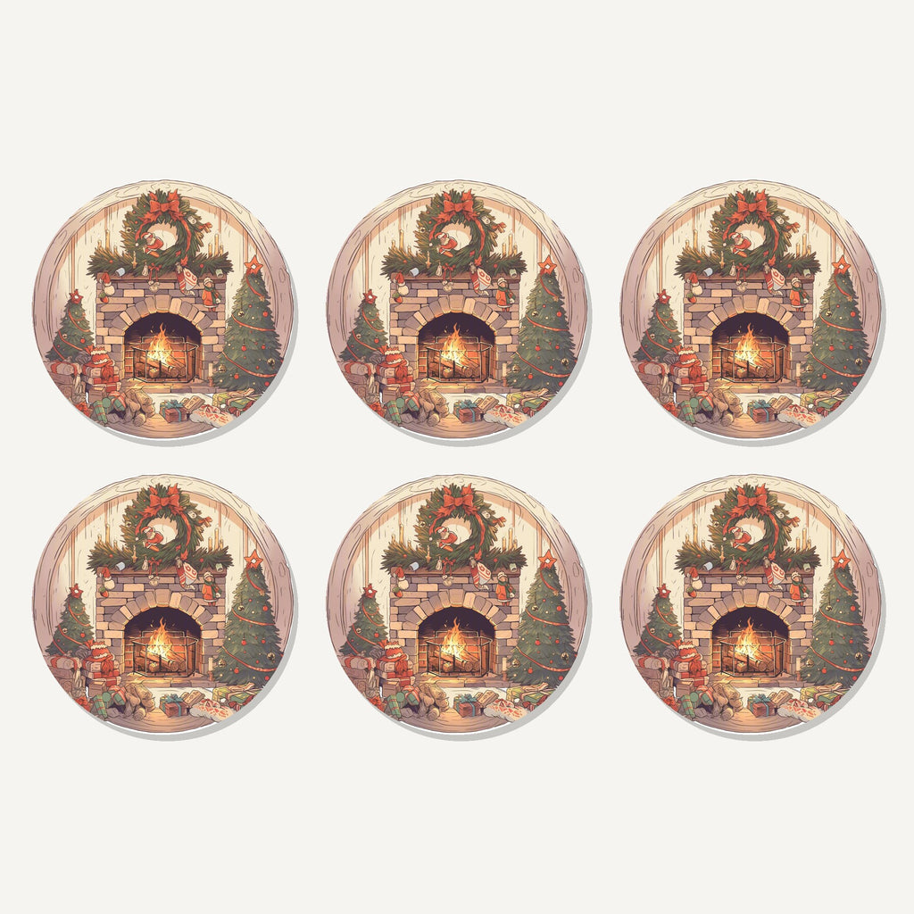 Flat lay of the christmas fireplace with wreath & trees artwork on six round coasters