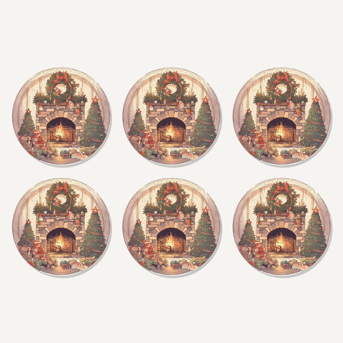 Flat lay of the christmas fireplace with wreath & trees artwork on six round coasters