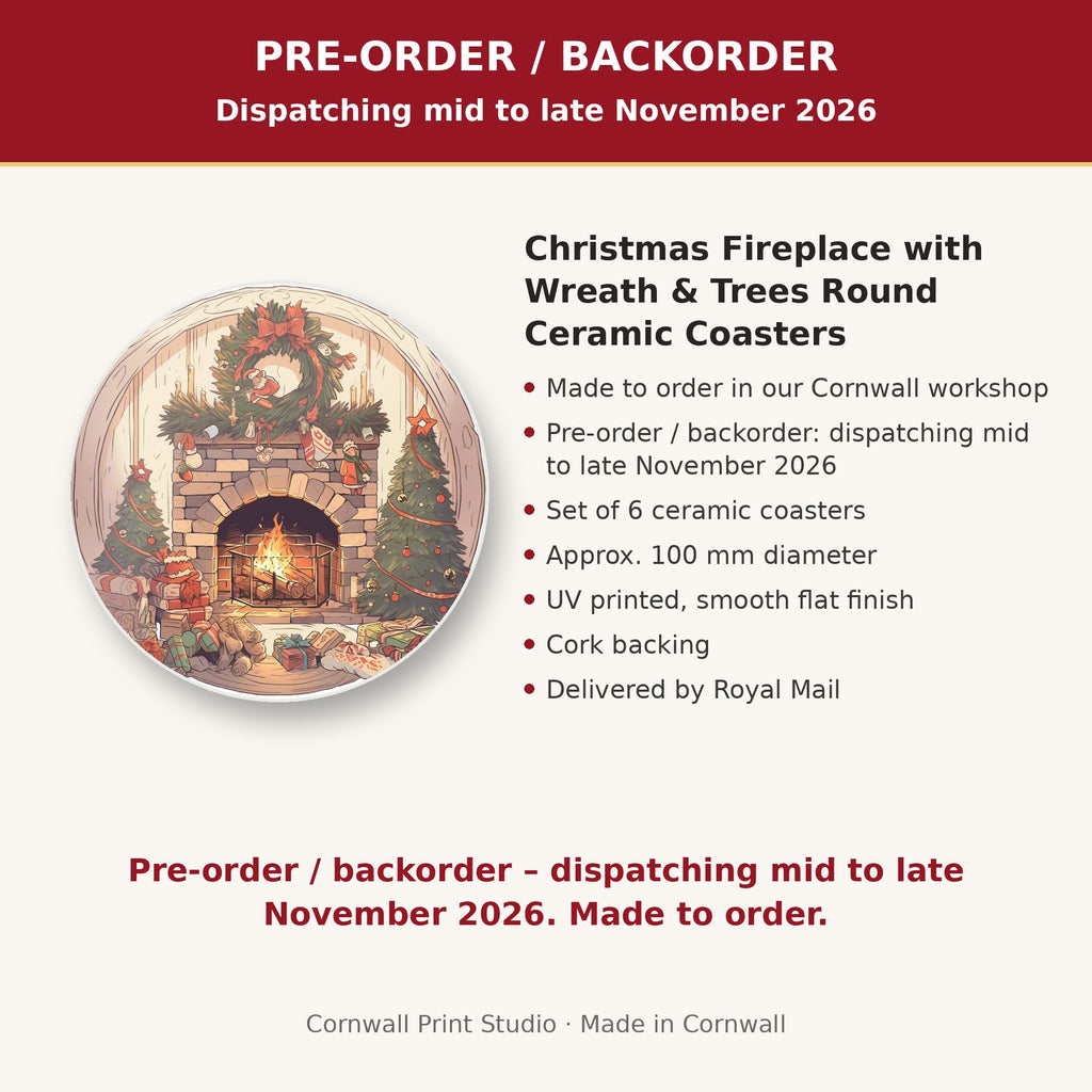 Info card: Christmas Fireplace with Wreath & Trees Round Ceramic Coasters – Set of 6, made to order, dispatching mid to late November 2026, delivered by Royal Mail