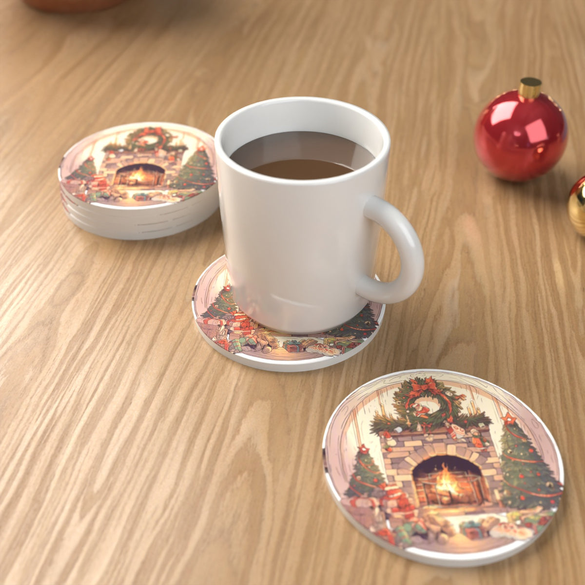 Christmas Fireplace with Wreath & Trees Round Ceramic Coasters – Set of 6 – lifestyle mockup with a mug of coffee
