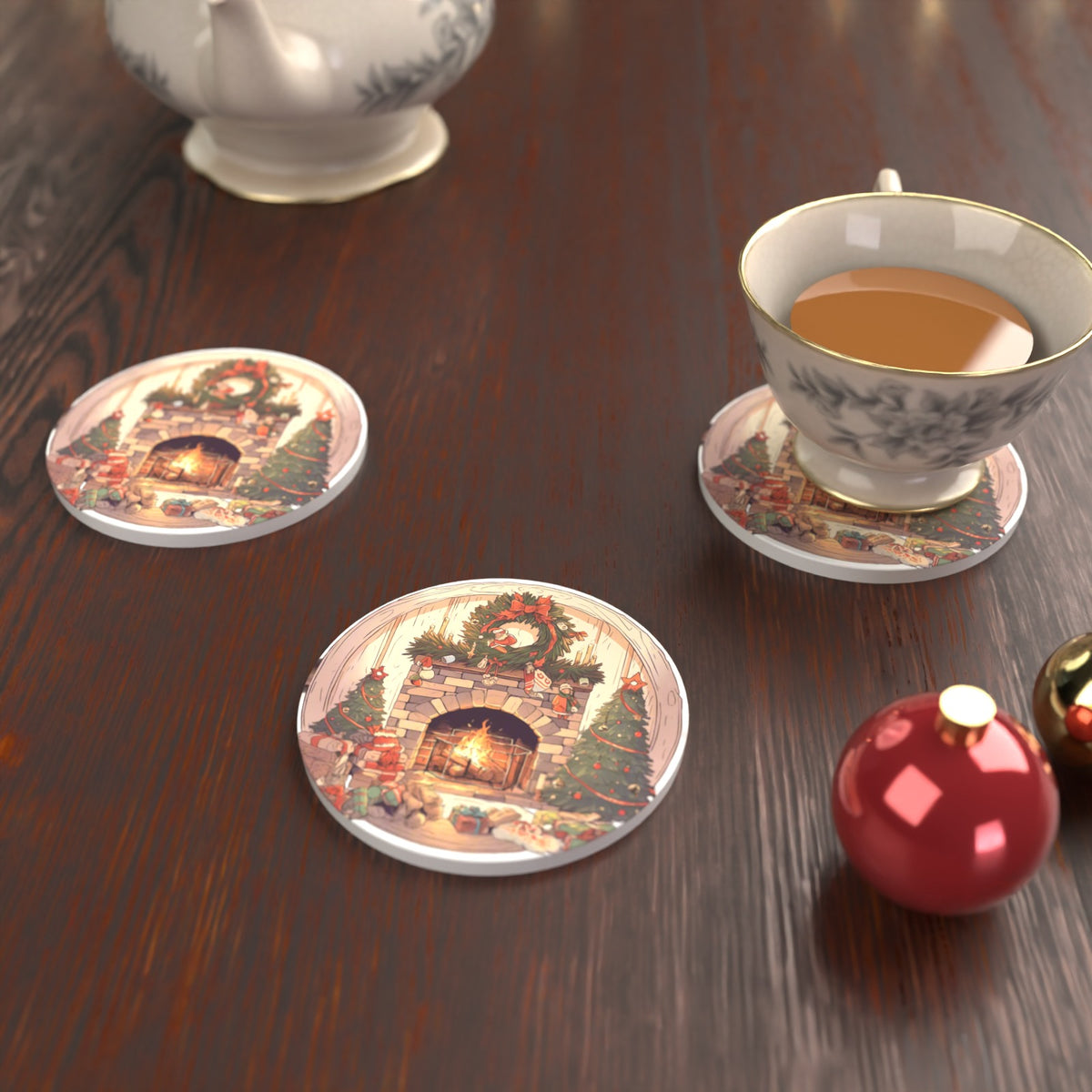 Christmas Fireplace with Wreath & Trees Round Ceramic Coasters – Set of 6 – lifestyle mockup with a teacup
