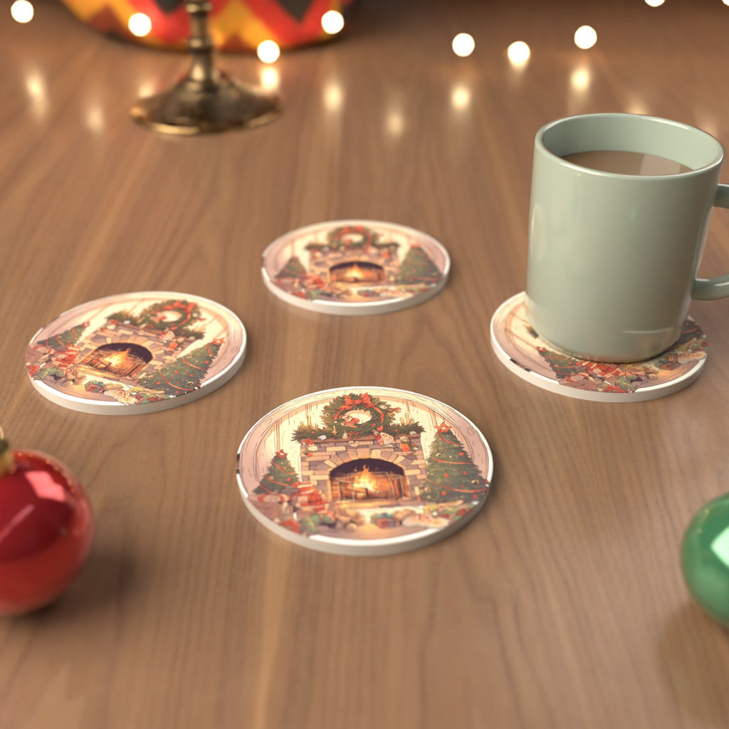 Christmas Fireplace with Wreath & Trees Round Ceramic Coasters – Set of 6 – cosy lifestyle mockup