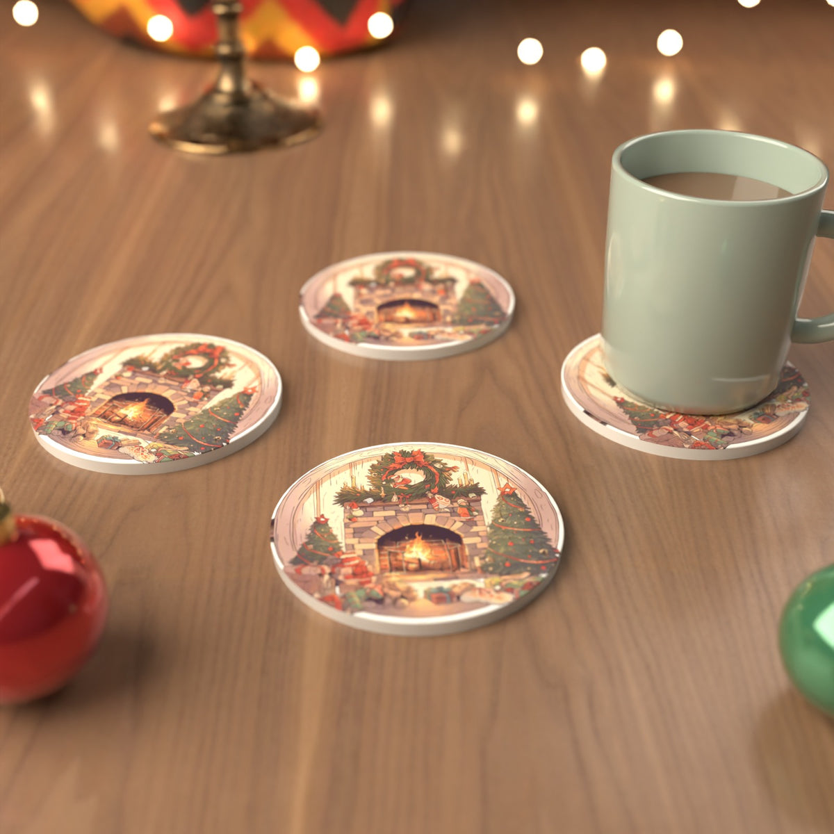 Christmas Fireplace with Wreath & Trees Round Ceramic Coasters – Set of 6 – cosy lifestyle mockup