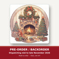 Christmas Fireplace with Wreath & Trees square glass coaster set of 6 – pre-order / backorder, dispatching mid to late November 2026