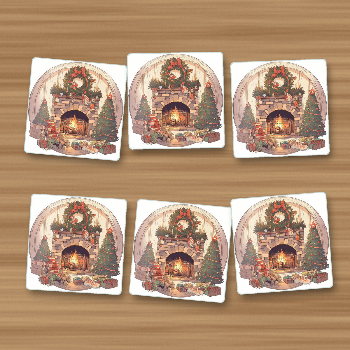 Christmas Fireplace with Wreath & Trees square glass coasters, set of 6, on an oak coffee table