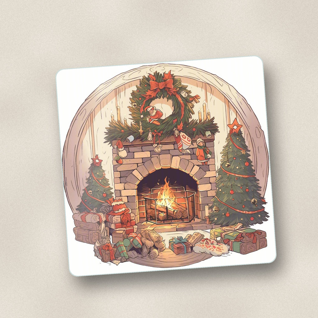 Close-up of one christmas fireplace with wreath & trees square glass coaster, flat UV print