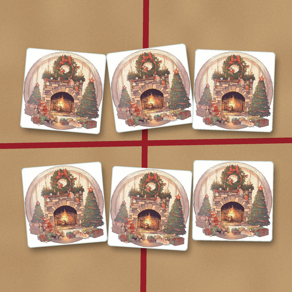 Christmas Fireplace with Wreath & Trees square glass coasters on kraft gift wrap
